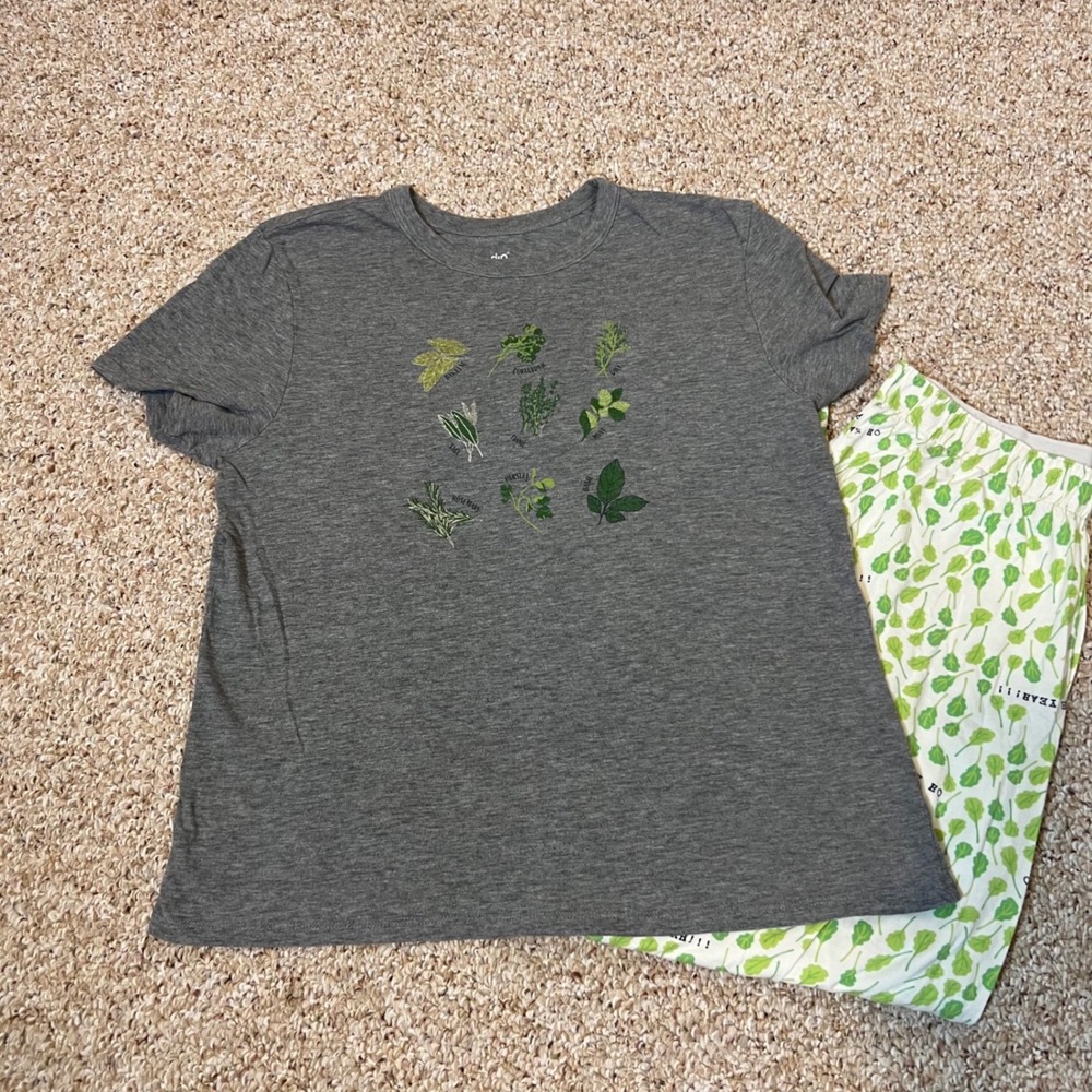 Dip Womens Organic Cotton Herb Graphic Tee and Kale Print Pajama Set Grey Medium